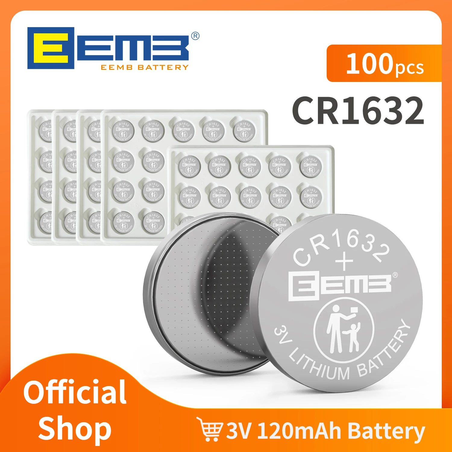 EEMB 100PCS CR1632 3V Button Cell Battery Lithium Battery  Non-Rechargeable Cell Batteries for Watch Calculator Car Key