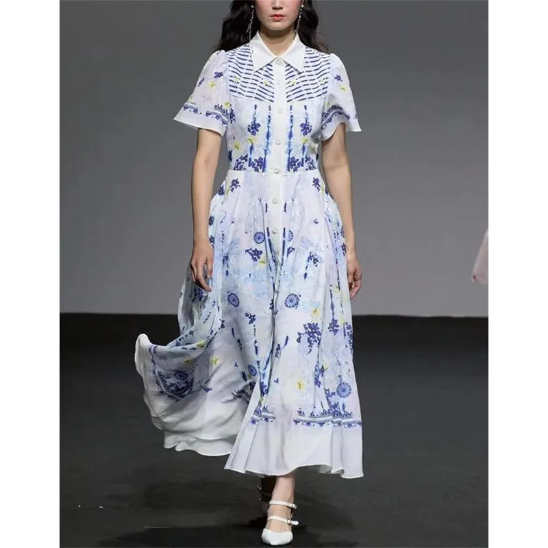 

Women Dress High Quality 2023 Summer Runway Turn-down Collar Short Sleeves Printed Casual Short Dresses Elegant Vestidos NP1920N