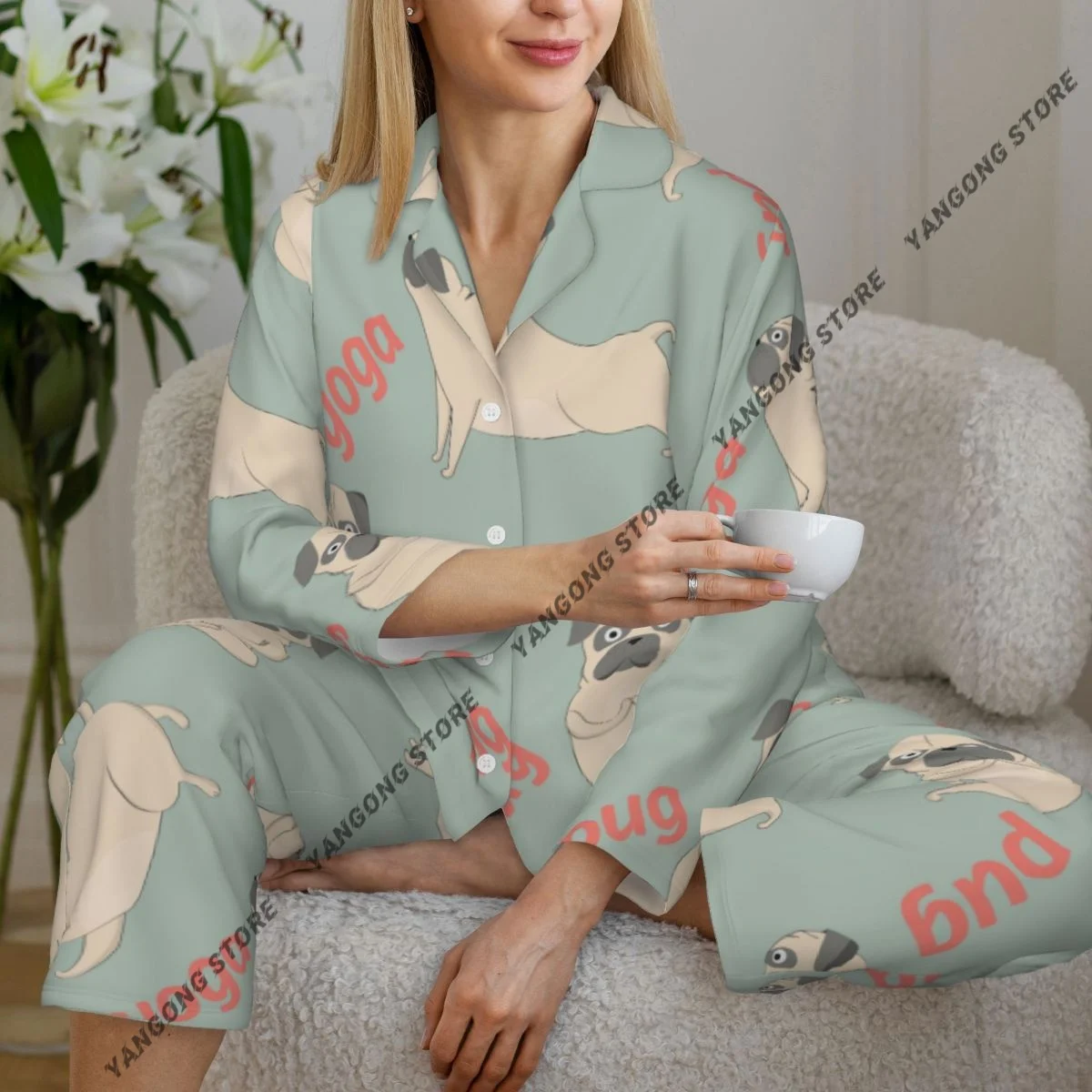 

Women's Pajamas Long-sleeved Girl Loungewear Two-piece Set Meditation Yoga Pug Dog Pajamas for Autumn Spring