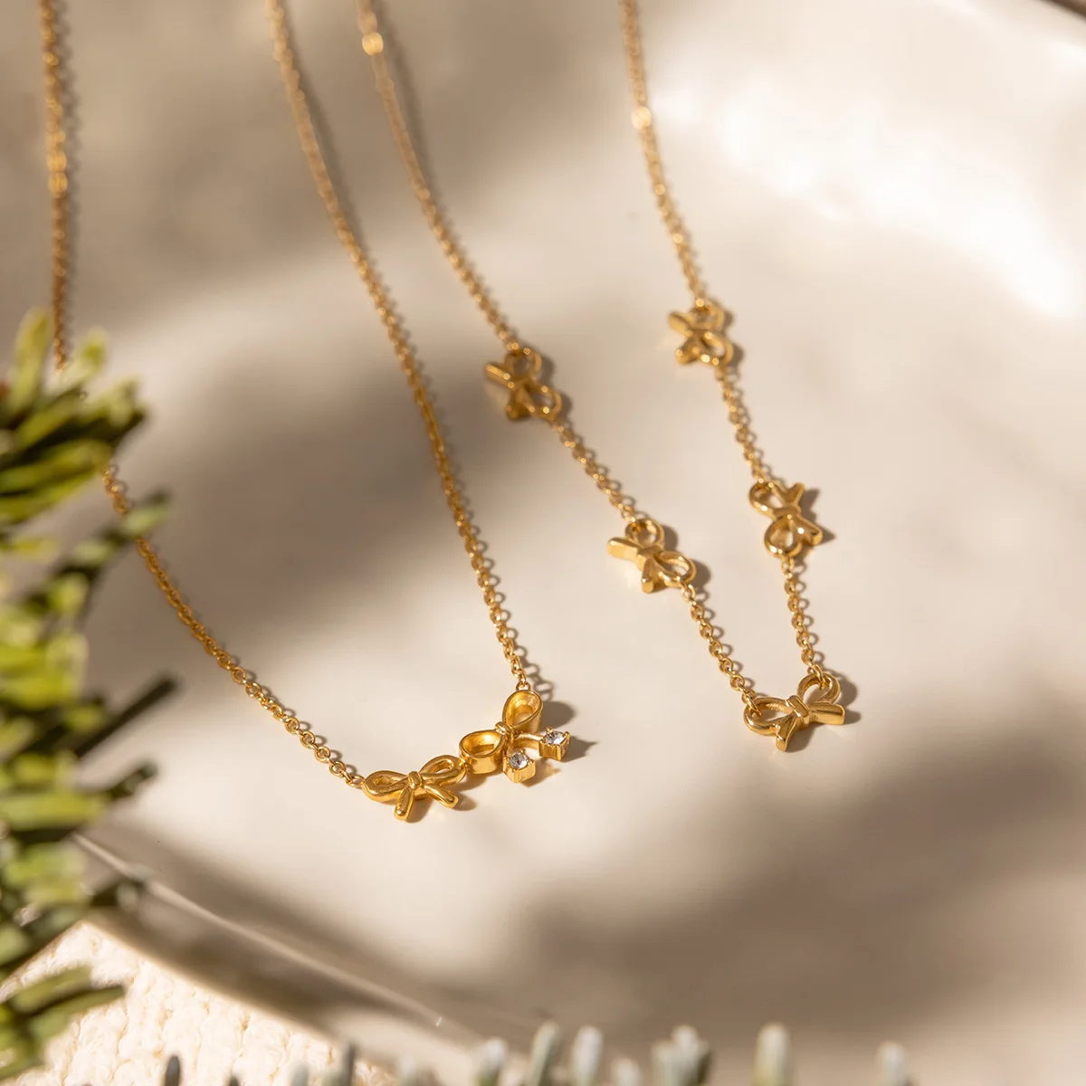 Elegant Stainless Steel Bowknot Necklace for Women Minimalist 18K Gold Plated Bow Layering Necklaces Fashion Jewelry Gift