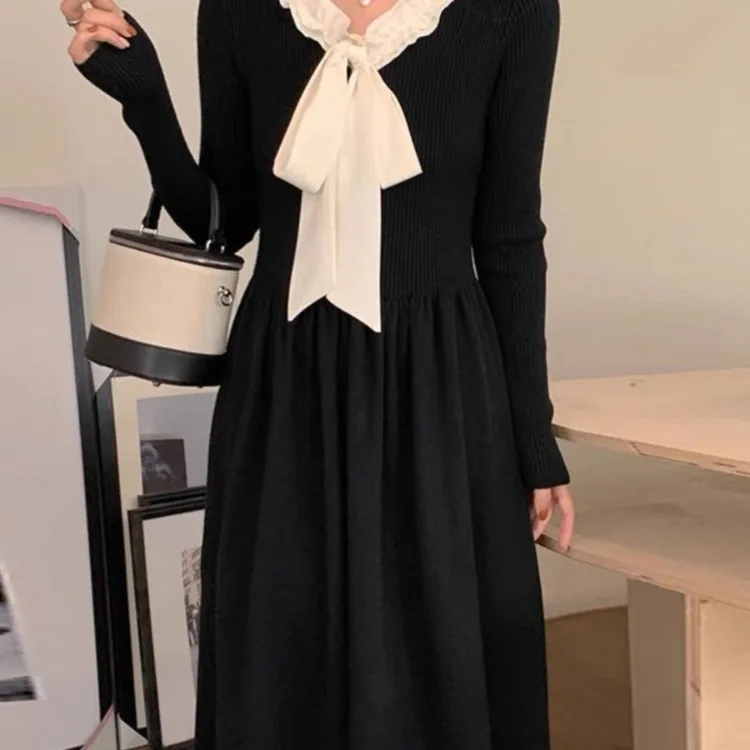 Korejepo New Sweater Dresses Hepburn Style V Neck Medium Long Autumn Winter Knitted High End Thickened Long Sleeved Thin Dress