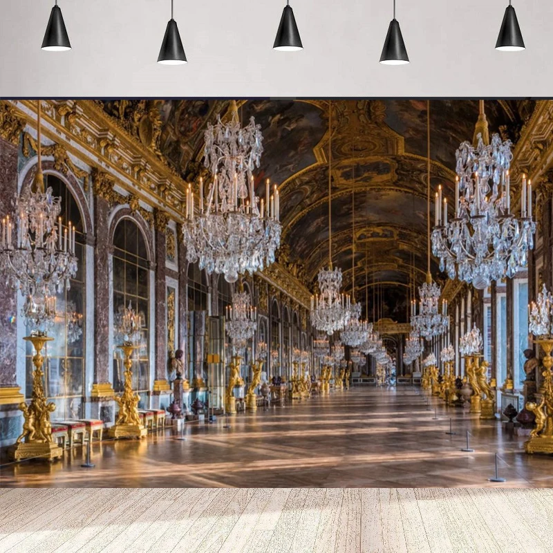 Versailles Palace Mirror Gallery Background Luxury Chandelier Photography Backdrop Sculpture Retro Ceiling Mural Wedding