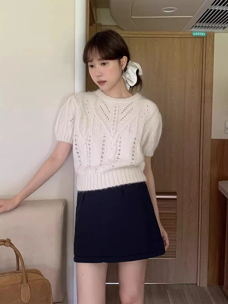 

Chic round Ne Hollow out Knitted Sweater Women's Bubble Sve Soft Cozy Slimming Autumn New Sle Faionable Versatile