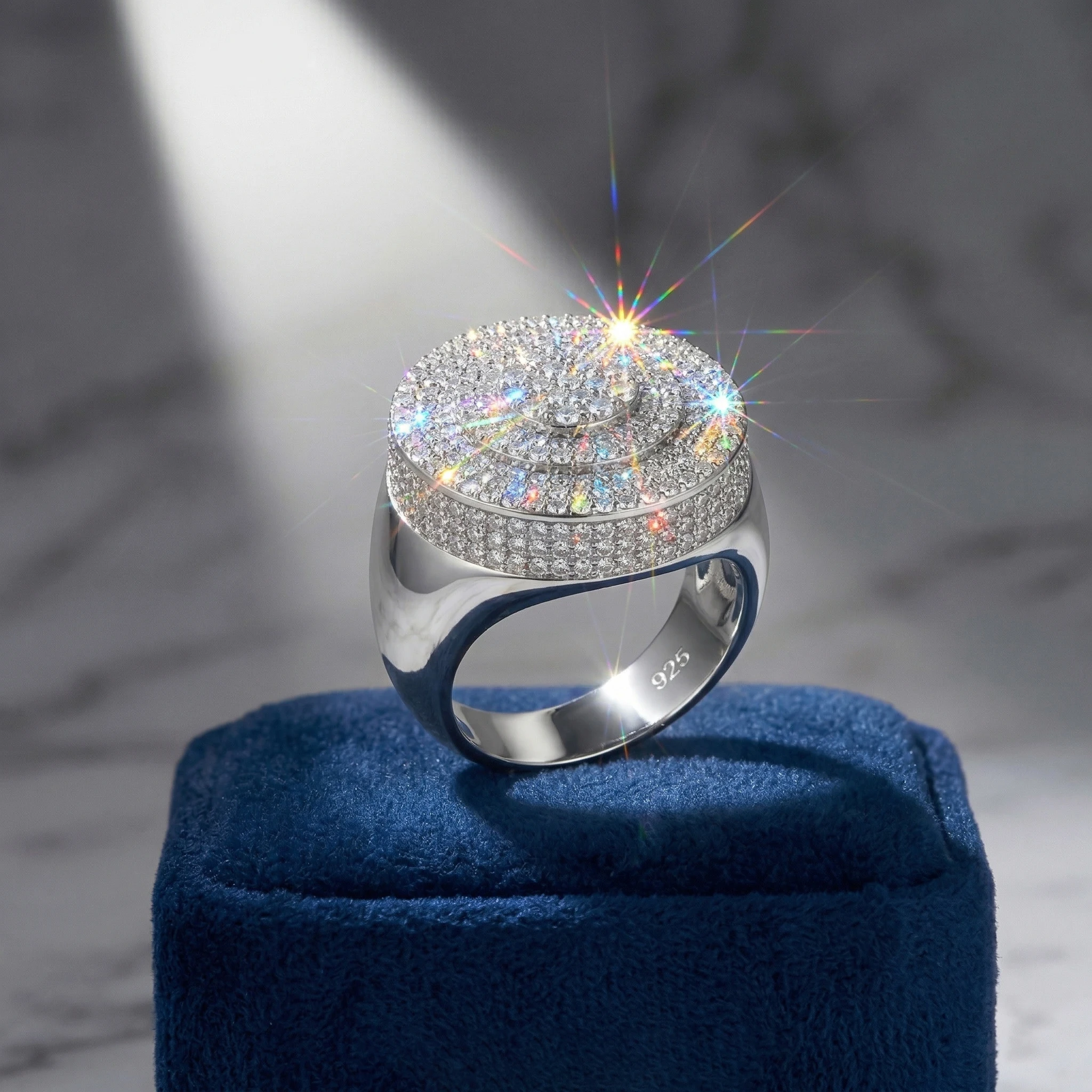 

Moissanite Ring, 925 Sterling Silver, Luxury Pave Large Round Face Heavy Band, Men's Hip Hop, Pass Diamond Tester