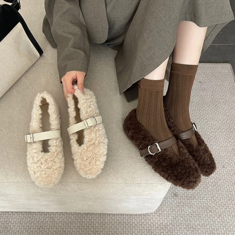 

AIYUQI 2025 New Winter Women's Flat Shoes Fleece-lined Warm Loafers Women Loafers Plus Size Ballet Mary Janes female Shoes
