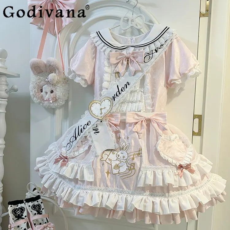 

Pink Lolita Dress for Women Clothes Summer New Short-sleeved Dress Set Op Sweet Girls Cute Bow Casual Birthday Dress Vestidos