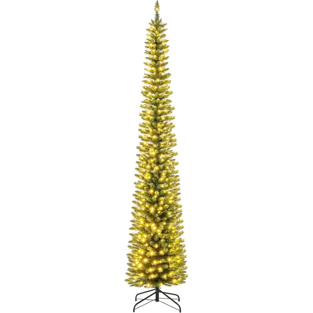

9ft Pre-Lit Pencil Christmas Tree, Artificial Slim Xmas Tree with 400 Warm-White LED Lights, 699 Branch Tips, Foldable Me