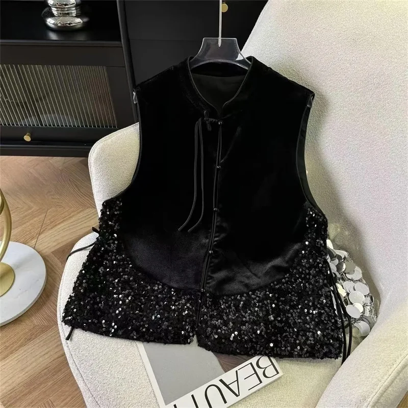 Chinese Style Buckle Vest Jacket Velvet Shining Autumn Premium Sleeveless Coat Women 2024 Shoulder Jacket Black XXL Fashion