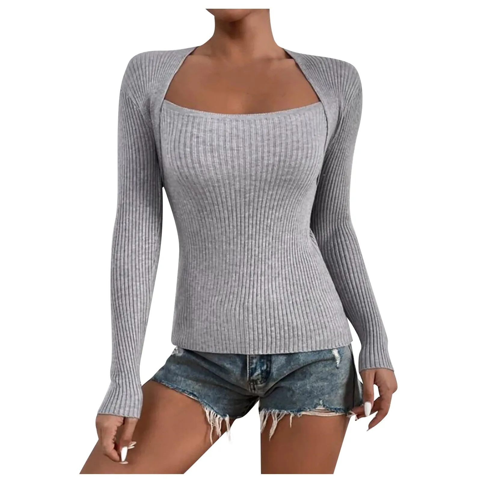 Fashion Knitted Solid Blouse Square Collar Long Sleeves Slim Fit Women France Chic Autumn Office Lady Sweater Pullover