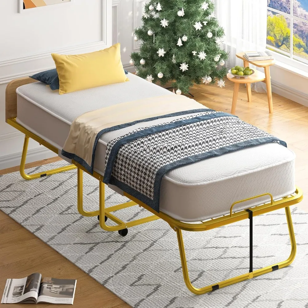 Folding Bed with 5” Mattress & Baffles, Twin Size 75”x 38” Portable Bed Rollaway Beds, Fold up Beds with Metal Frame Guest Bed