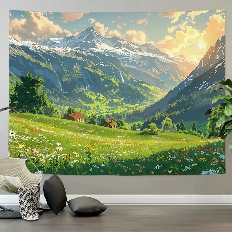 VIKAMA Fresh Mountain Wildflower Landscape Tapestry, Polyester Wall Hanging, Bedroom Living Room Decor, Nature Scenery Art