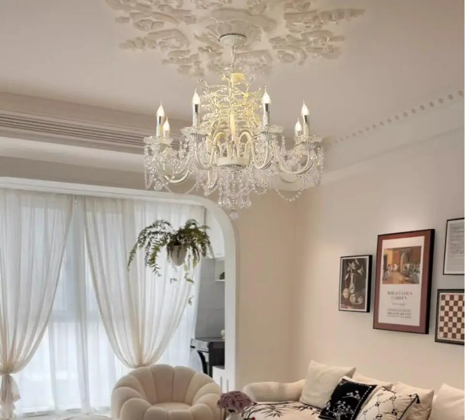 French Crystal Chandelier for Kitchen Living Dining Room Hall D60cm White Hanging Pendant Lamp Indoor Lighting Decora Fixture