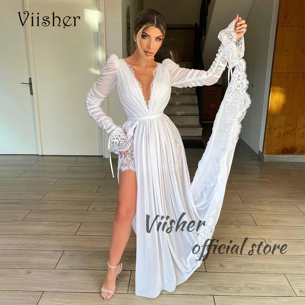 

Viisher White Lace Chiffon Wedding Dresses Long Sleeve Sexy Leg Split Boho Bride Dress Customized Boho Wedding Bridal Gowns