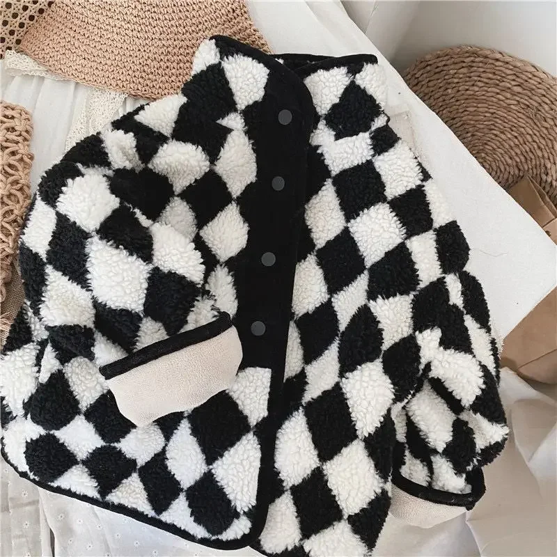 Spring Autumn New Korean Plaid Kawaii Fashion Kids Jacket Plus Fleece Warm Cute Children's Clothing Woolen Lamb Wool Casual Coat