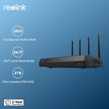 Reolink 12CH WiFi NVR 레코더, Wi-Fi 6, 4MP 실내 모니터 카메라, 8MP 실외 PT 카메라, 홈 보안 시스템 RLN12W