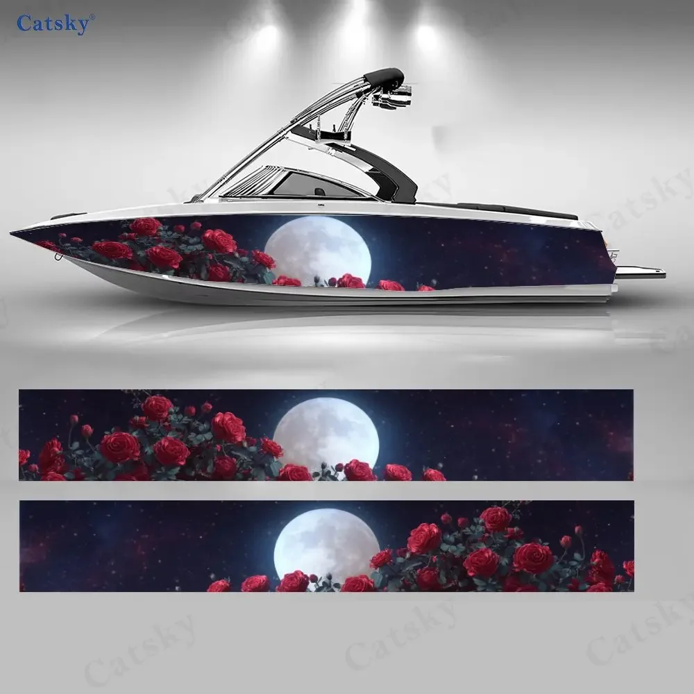 2Pcs Night Rose & Moonlight Boat Stickers, PVC Waterproof Durable Vinyl Wrap Decals for Fishing Boat, Durable and Stylish Design