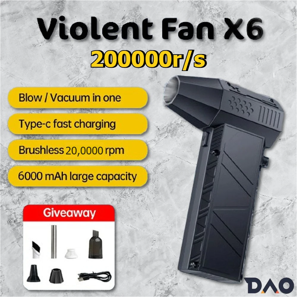 

200000 Вентилятор оборотов в минуту Мощный пылесос Type-C Зарядка Сильный ветер 53 м/с Бесщеточный жестокий вентилятор для чистки автомобиля