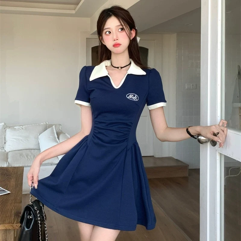 Summer Women Sweet Comfortable Ruched Dress Lady Korean Vintage A-line Dress Female Cutecore Korean Collared Designer Dress