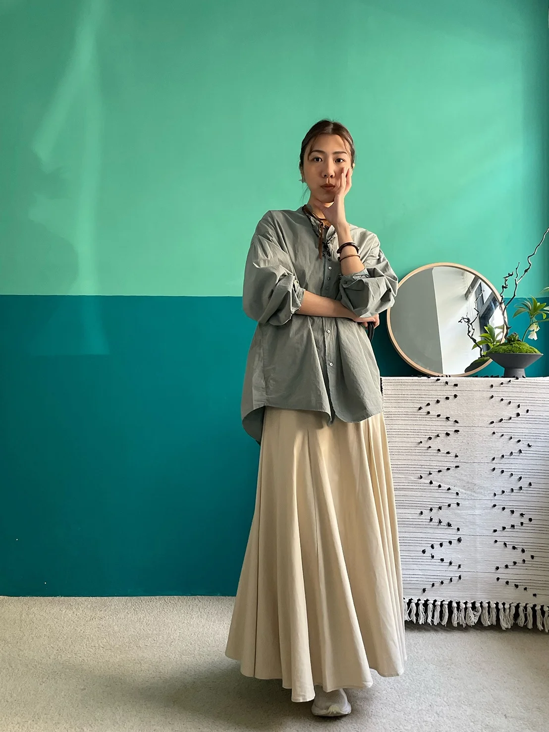 

Cxxmgaique Women's Long Sleeve Shirt Pleated Stand Collar Multiple Buttons Cotton Low Saturation Design Sensation