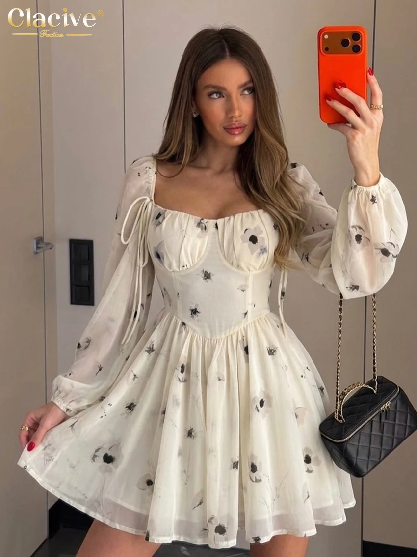

Clacive Fashion Loose Print Women's Dress 2026 Sexy Square Collar Long Sleeve Mini Dresses Elegant Classic Pleated Female Dress