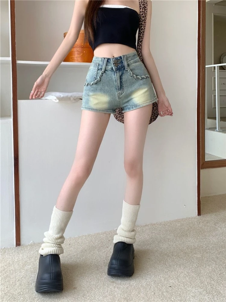Women's High Waist Vintage Denim Shorts Summer Retro American Style Slimming Hot Pants Pocket