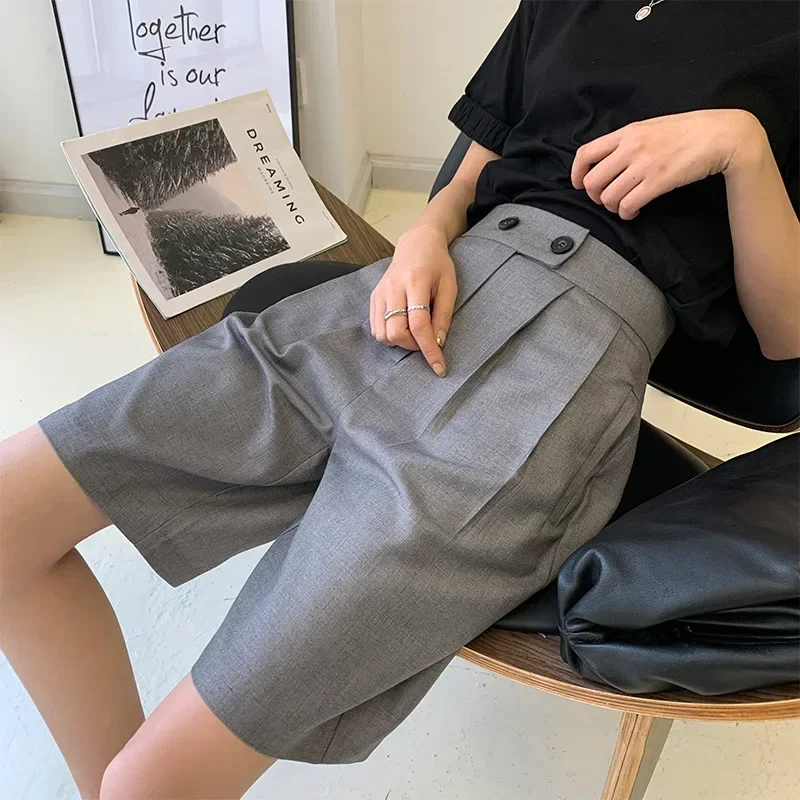 Frühling Sommer Mode Damen Breite Bein Anzüge Shorts Casual Hohe Taille Doppel Taste Einfarbig Gerade Büro Dame Shorts Hosen