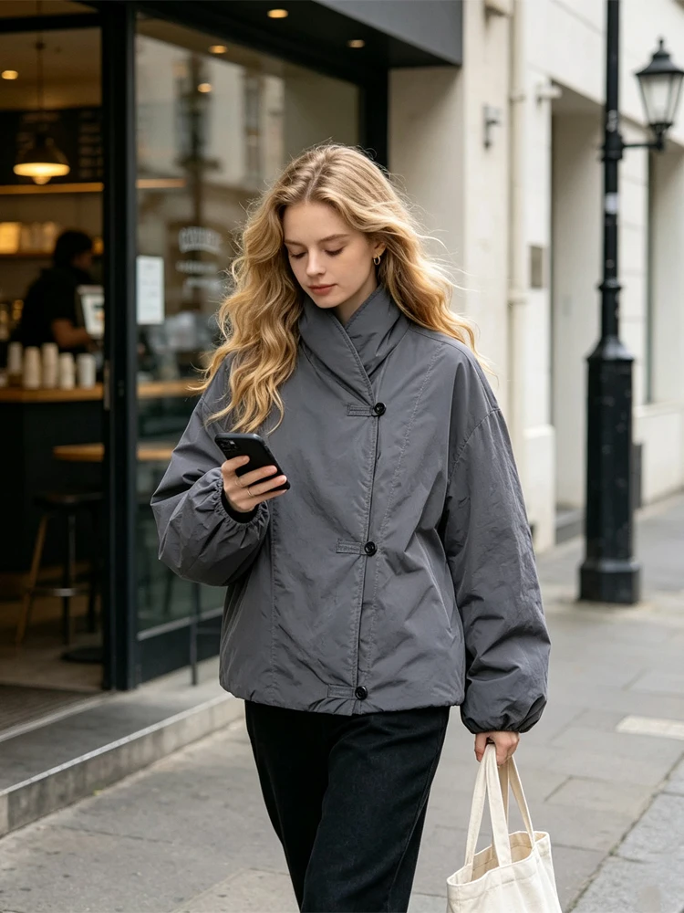 Women Grey Stand Collar Wrap Button Short Jacket Loose Cropped Elastic Cuff Lightweight Windproof Outerwear Autum Casual Coat