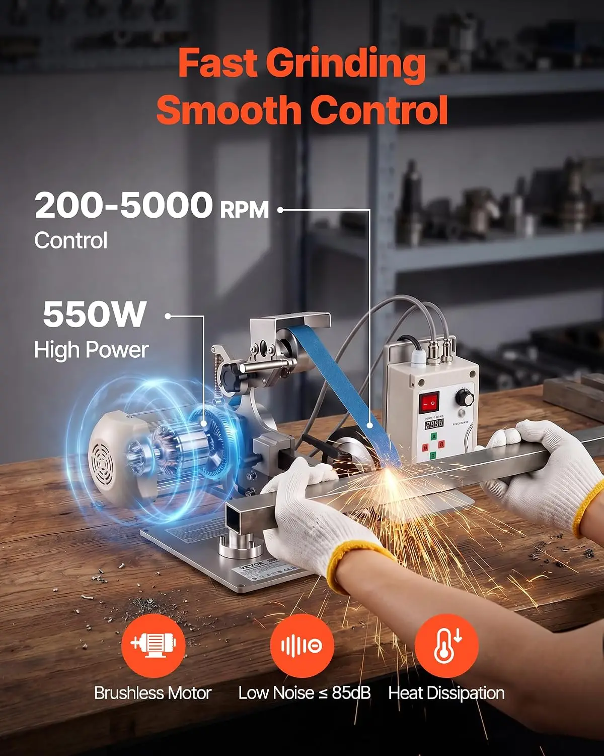 Belt Grinder Sander with VFD 30 x 1-Inch Variable Speed Belt Polisher | 550W Polishing Grinding Machine, 2 Grinding Modes, 3PCS
