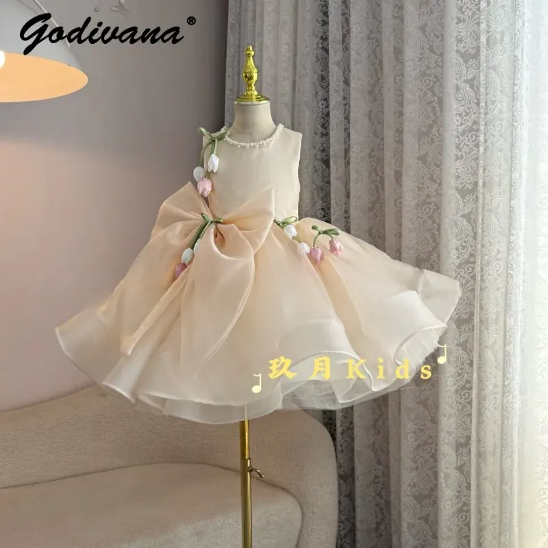 Sweet Baby Girls Heavy 3D Floral Princess Dress Girl Childrens Cute French Pearls Collar Sleeveless Elegant Bow Tulle Ball Gown