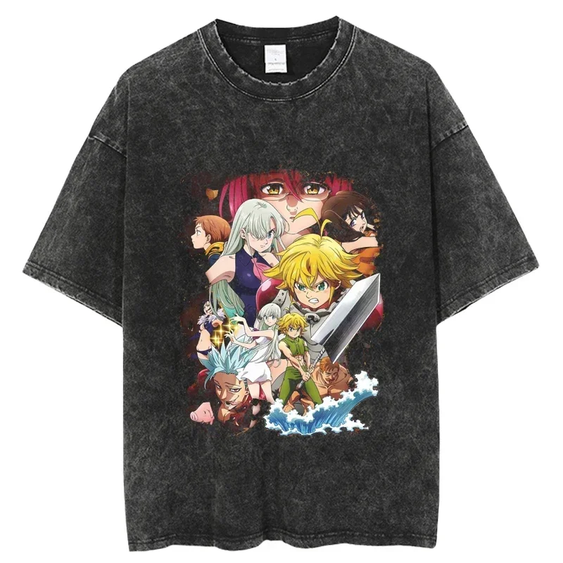 2025 The Evevn Deadly Sins Hip Hop Washed T-Shirt Streetwear Harajuku Ripped Oversize Graphic Printed T Shirt Spring Short