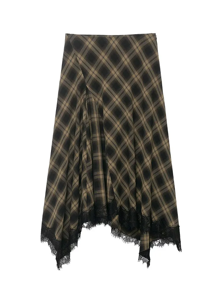 HH Women's Fashion Versatile Limited Edition Plaid Lace Decorated Skirt Female High Waist Temperament Asymmetric Hem Skirt Mujer