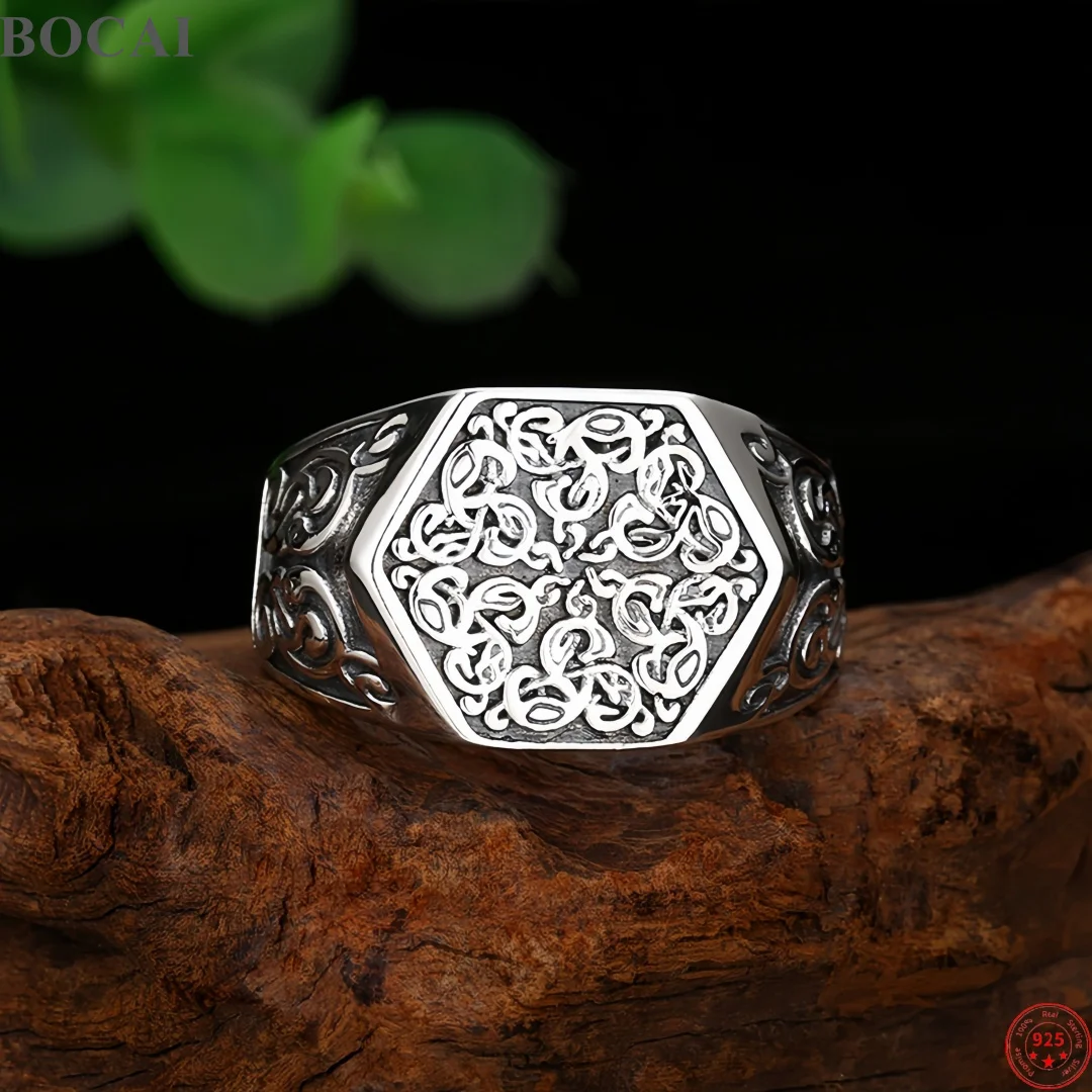 BOCAI Real S925 Sterling Silver Charms Rings for Men Antique Eternal Rattan Pattern Wide Ring Fashion Fine Choice Jewelry