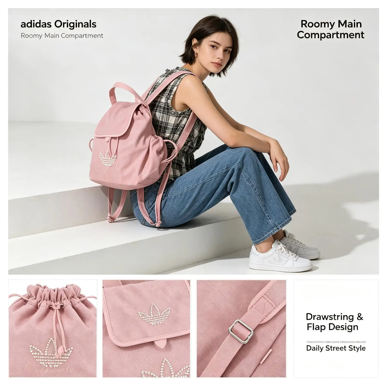 Adidas Originals Pink Backpack Soft Casual Daypack Drawstring Flap Design Adjustable Shoulder Straps School Travel Rucksack