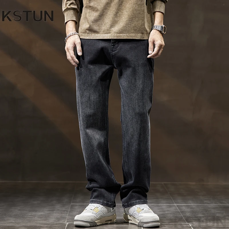 

KSTUN Jeans Men Dark Gray Loose Straight Cut 2025 Autumn New Men's Trousers Stretch Denim Pants Mens Clothing Streetwear