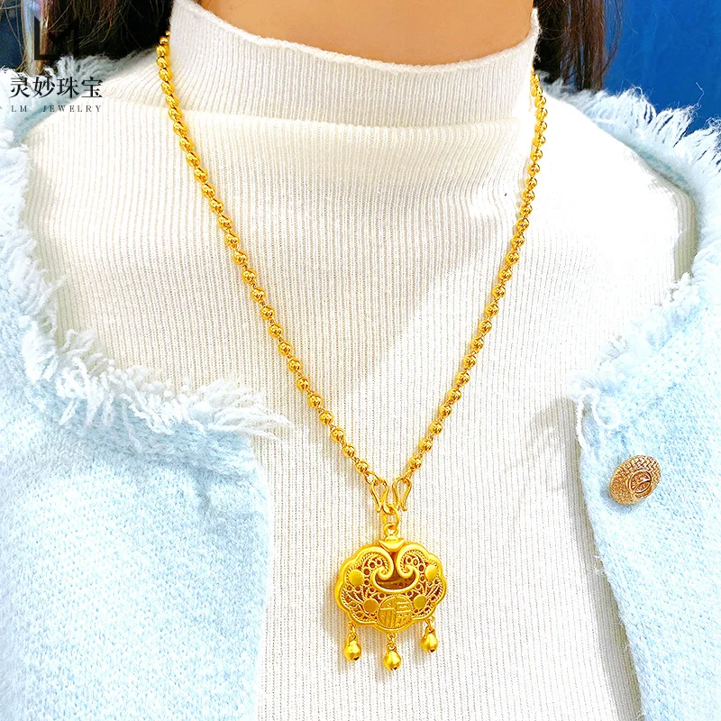 

The same style as gold shop 24k gold AU999 Fu character Ping An Lock Pendant Long Life Wealth Lock Necklace Big Bead Sweater Cha