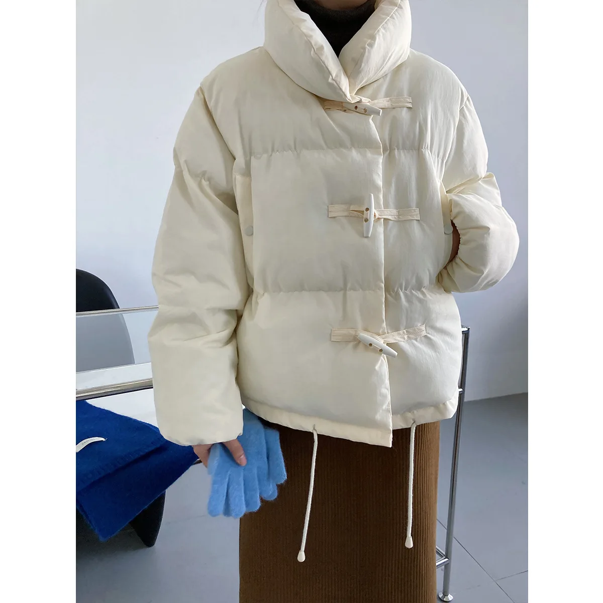 Women\'s Winter Casual Cow Horn Button Cotton Suit Short Fashion 2023 New Fashion Bread Suit Loose Coat Stand Neck Top