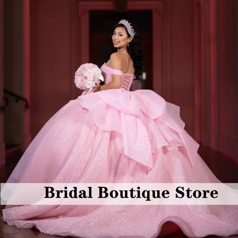 Customized Shiny Pink Quinceanera Dresses Off the Shoulder crystal applique layering Bow Long tail Vestido De 15 Quinceanera