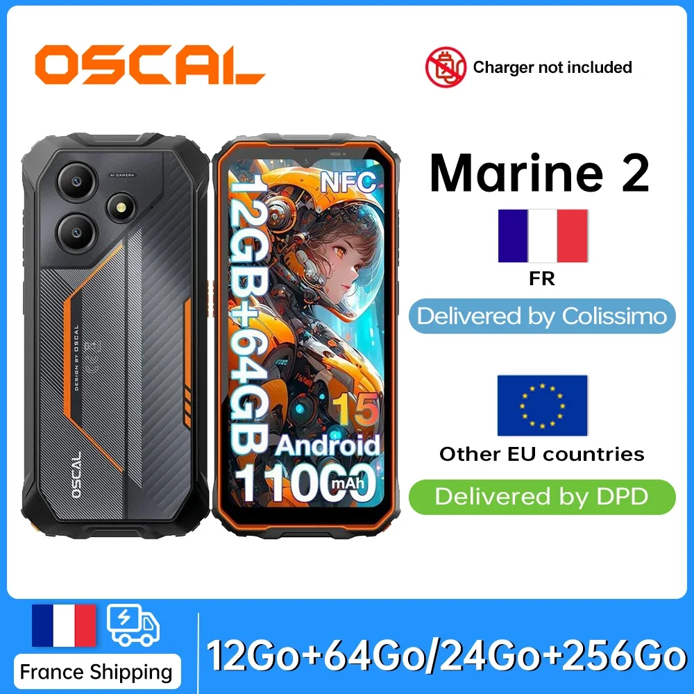 OSCAL Marine 2 [بدون شاحن الاتحاد الأوروبي] هاتف ذكي متين 11000 مللي أمبير [4 جيجابايت + 64 جيجابايت] [8 جيجابايت + 256 جيجابايت] 8 ميجابكسل + 16 ميجابكسل أندرويد 15 NFC/GPS هاتف محمول