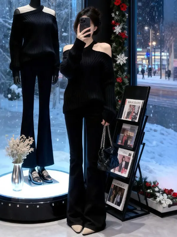 

Корейский дизайн, свитер с открытыми плечами и длинными рукавами, вязаный, красивый, уникальный, свободного кроя, зимний, модный, женский, премиум-качество, топ