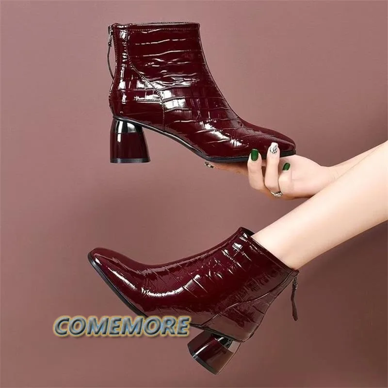 

European American High Heel Lacquer Leather PU Short Boots Women's 2025 New Luxury Design Single Shoes Autumn Winter Large Size