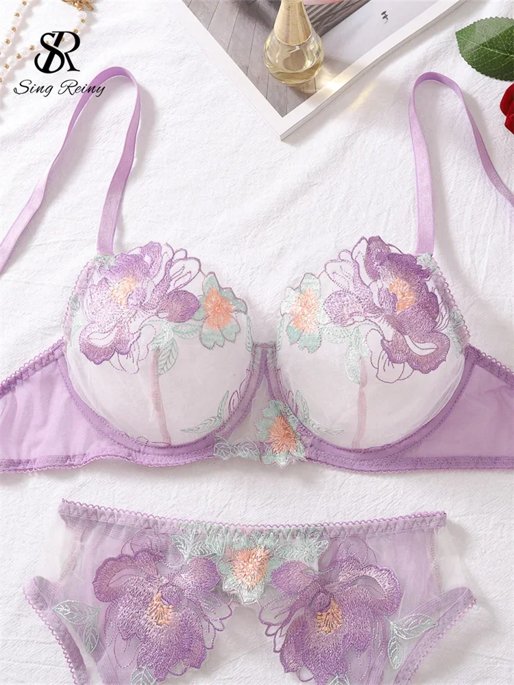 SINGREINY Set di lingerie sessuale floreale porno femminile Set di biancheria intima sexy trasparente con ricamo da donna