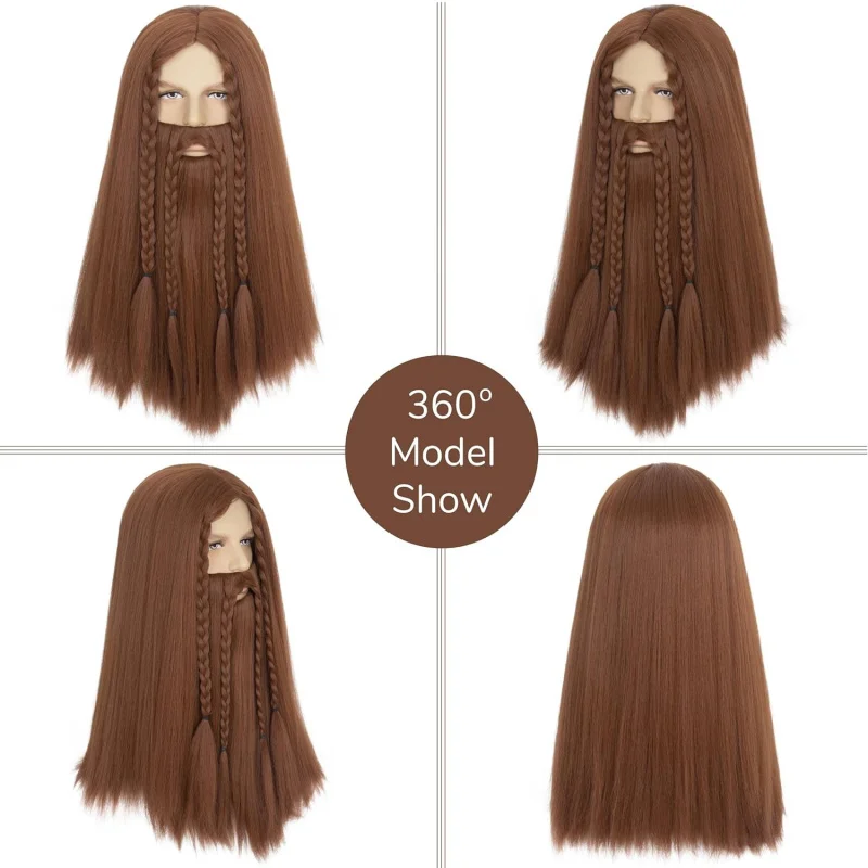 مجموعة شعر مستعار بني طويل مفرود من Miss H ولحية مزيفة للرجال، باروكات فايكنغ مع لحية لحية الهالوين