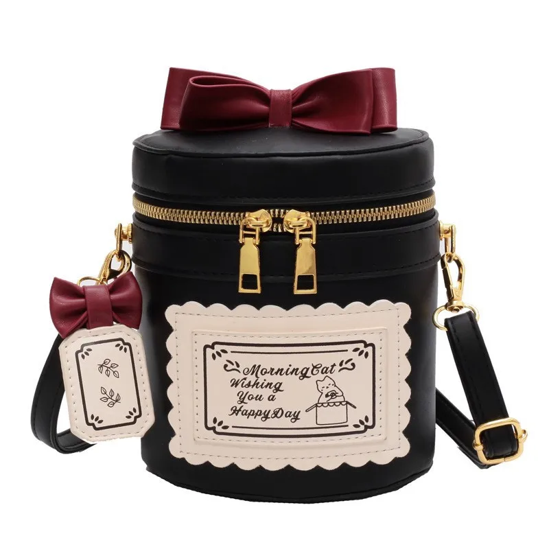 PU Bow Bucket Bags Female 2024 Portable Fashion Shoulder Style Black/burgundy/brown Festival Gift Small Cylinder Bag