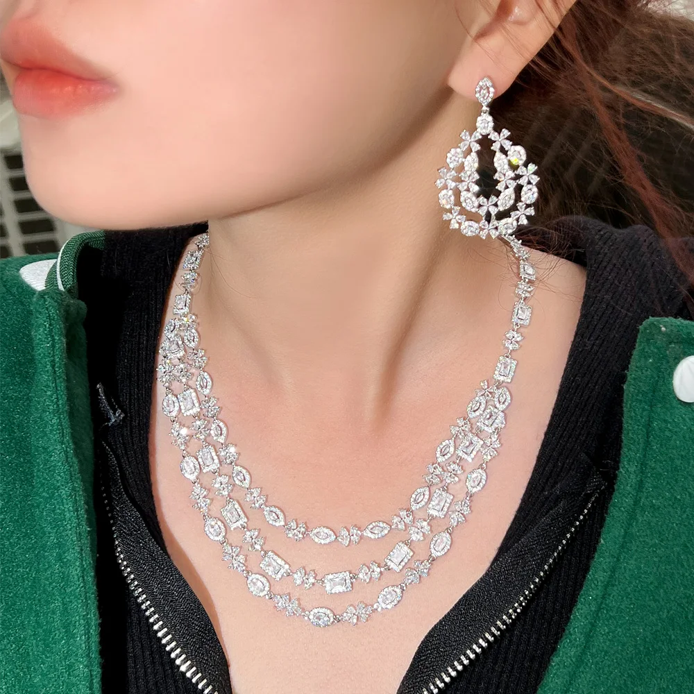 CWWZircons Luxury Shiny Dubai Cubic Zirconia Pave Layered Wedding Necklace Earrings Bridal Jewelry Sets Costume Accessories T453