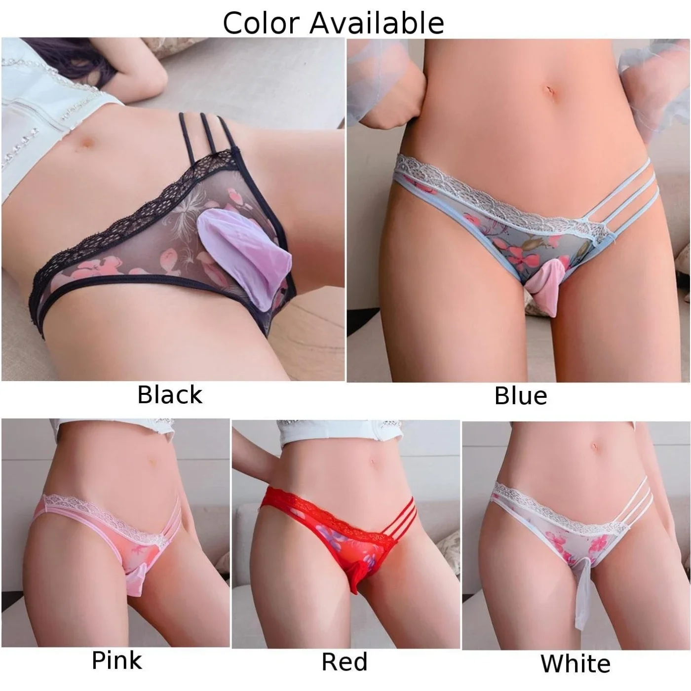 See Through Floral Printe Sissy Pouch Panties Men Net Gauze Belt Open Close Sheath Underpant Gay Transparent Lingiere Clubwear