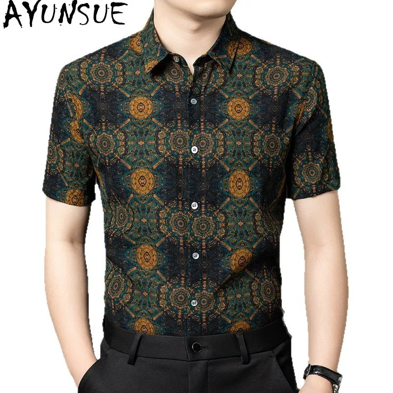 

AYUNSUE 100% натуральные шелковые рубашки из тутового шелкопряда для мужчин, модные рубашки с принтом и коротким рукавом, мужская летняя повседневная деловая рубашка 2026 года