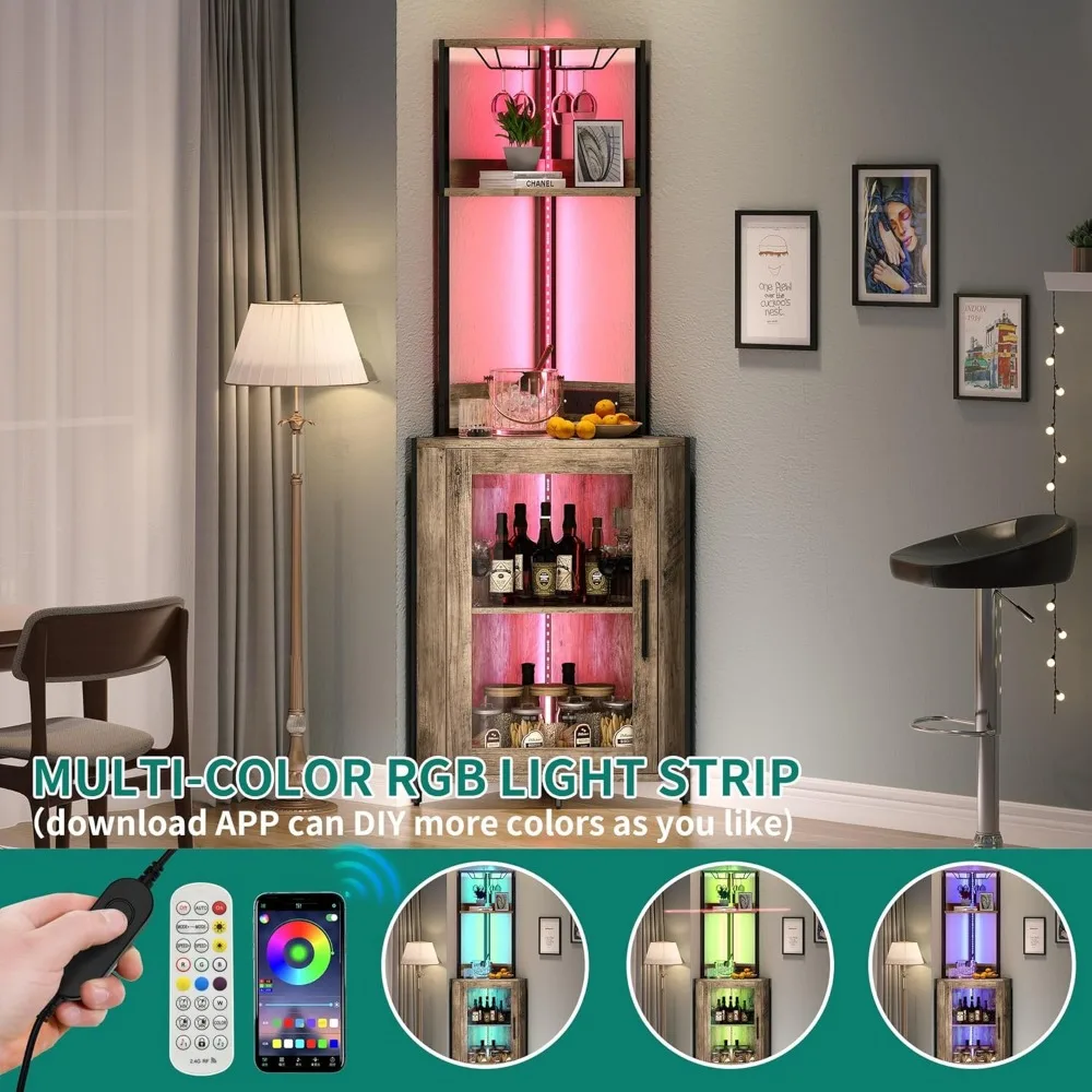 Corner Wine Cabinet LED Lights Power Outlets Glass Holder Liquor Bar Rack Cabinet for Living Room Decor Storage Solution