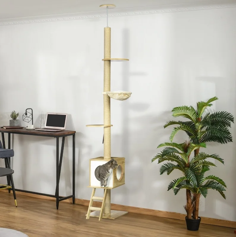 Plafondhoge kattenboom met hangmat en huisje, 40 x 40 x 240-260 cm, lichtbruin en beige