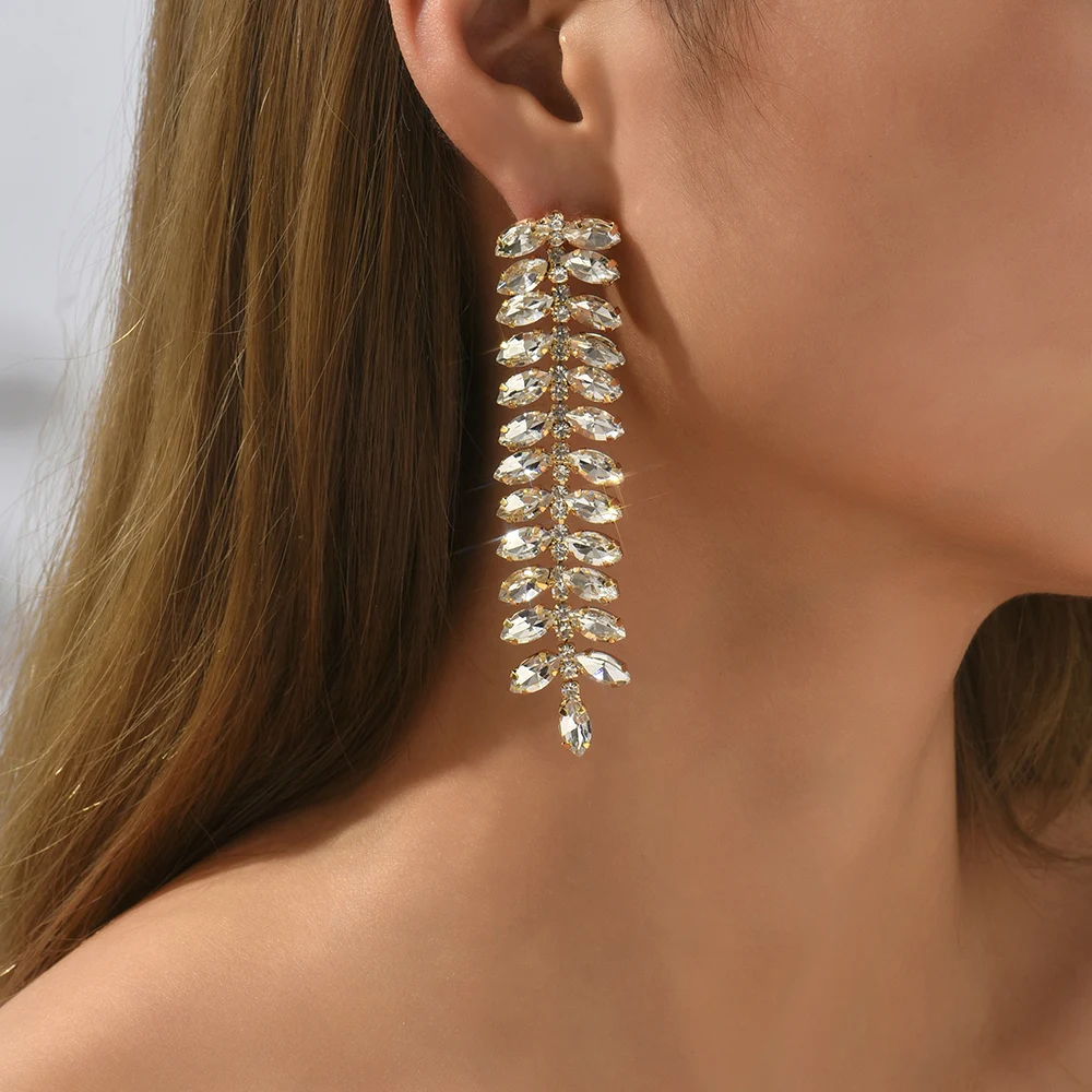

Luxury Elegant Sparkling Rhinestone Imitation Gemstone Leaf Earrings for Women Party Prom Wedding Bride Jewelry Accessories