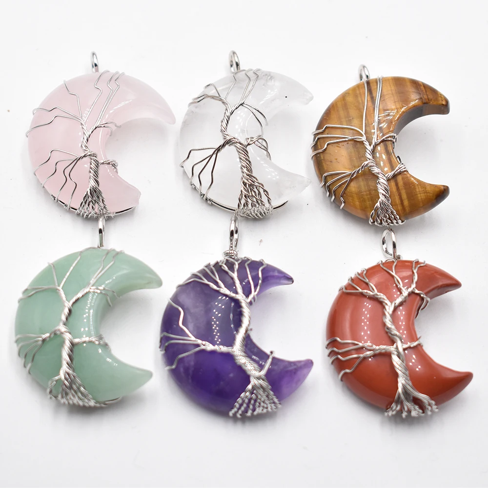 

Natural Crystal Pendant Tree Of Life Moon Shape Reiki Polished Mineral Jewelry Healing Stone For Men Women Jewelry Gift 6pcs/lot